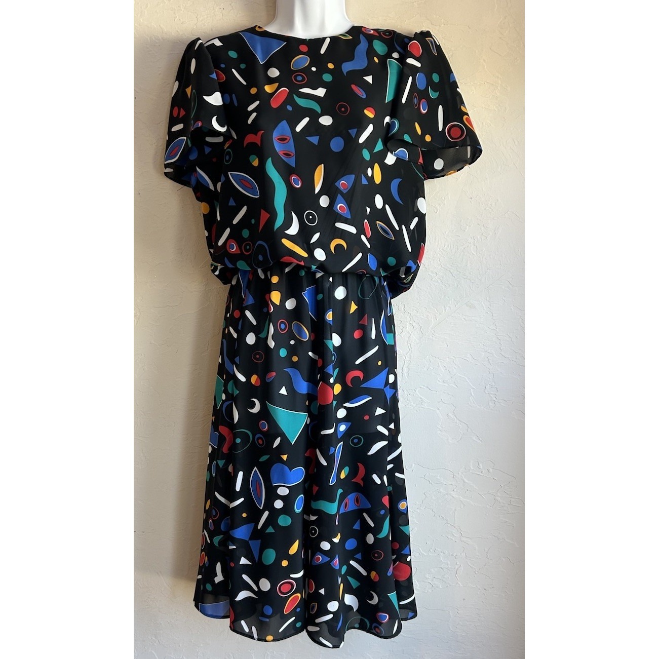 Vintage 80s Lisa Ii Blouson Midi Dress 12 Semi Sheer Flowy Maximalism Retro Art